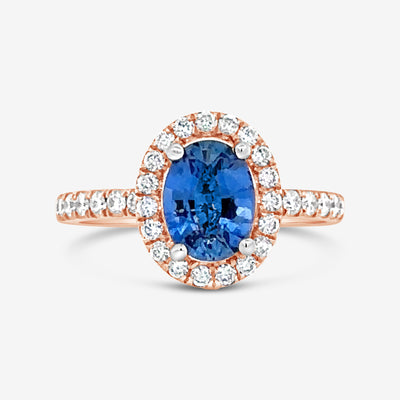 rose gold sapphire and diamond halo ring