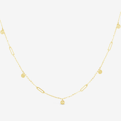 gold paperclip and dangling discs necklace