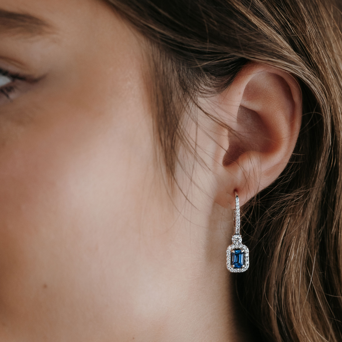 sapphire and diamond halo dangle earrings
