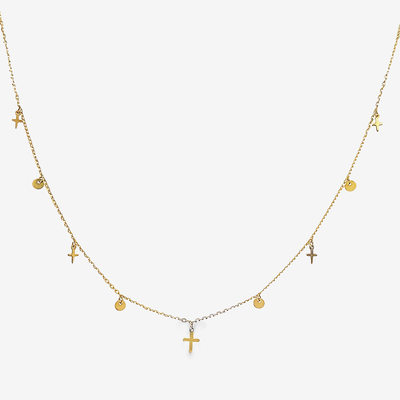 dangling gold crosses and discs necklace