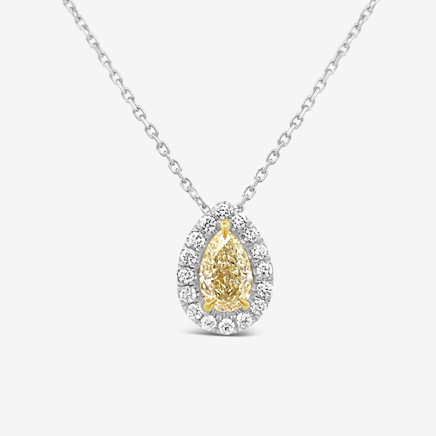 yellow and white diamond halo necklace