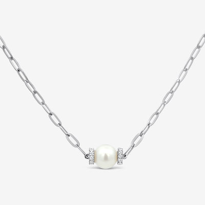 pearl an diamond paperclip necklace in white gold