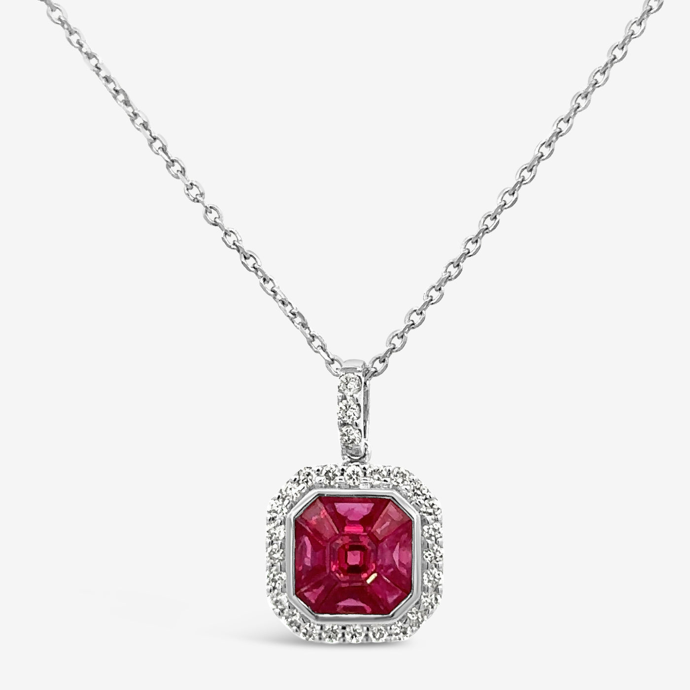 illusion ruby and diamond halo necklace