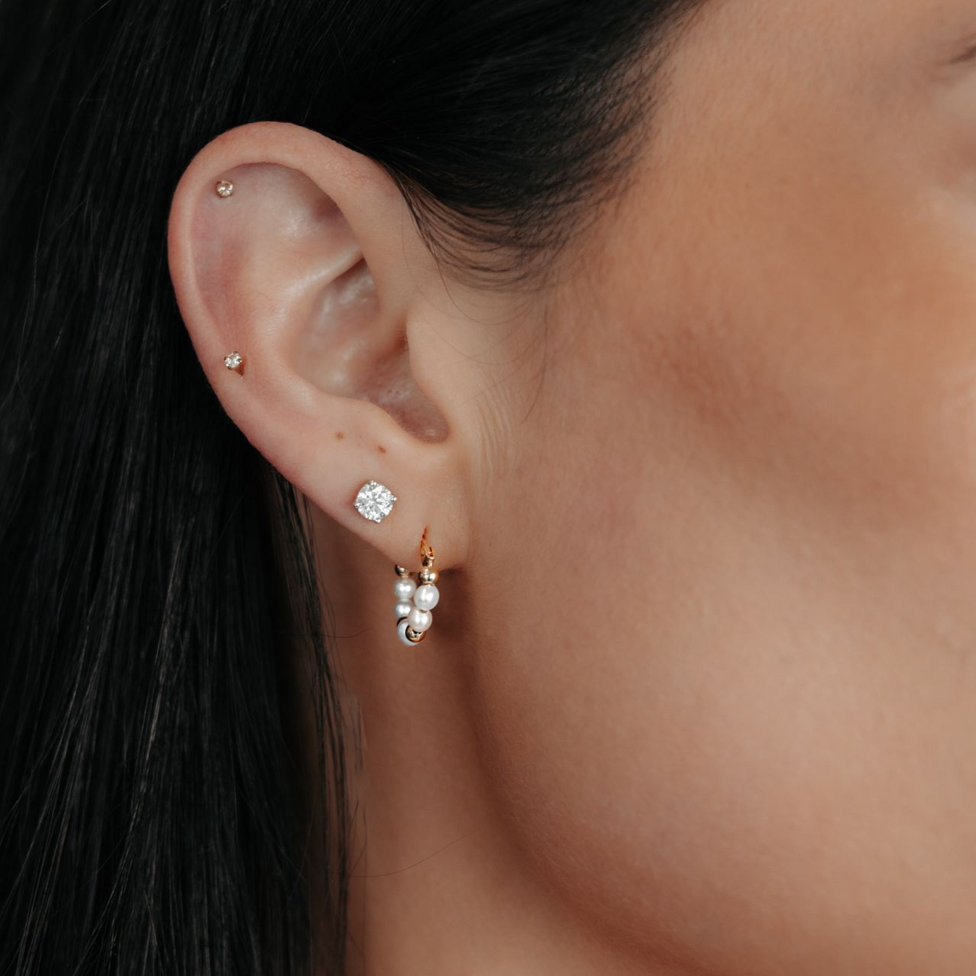 pearl and gold bead huggie earrings