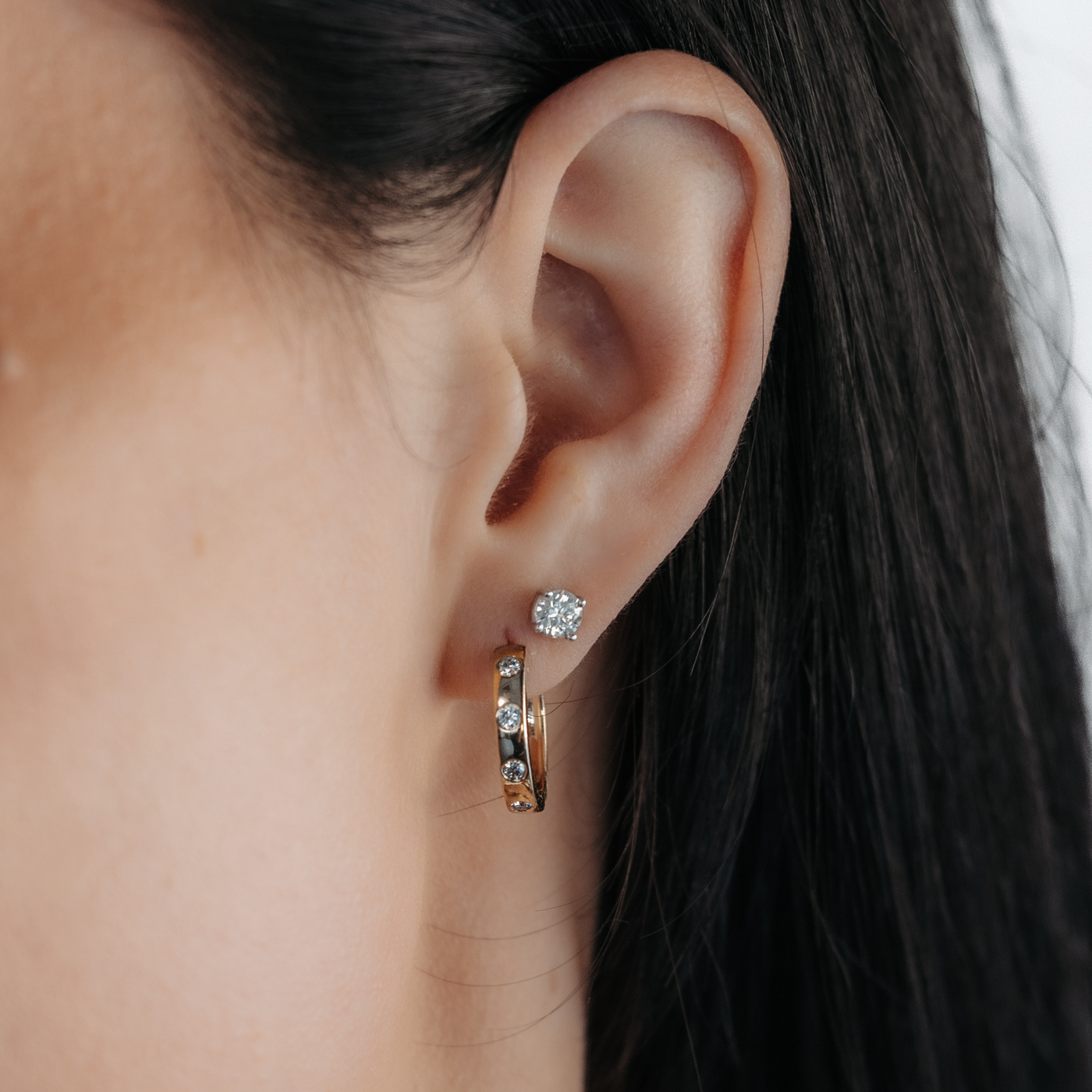 burnished diamond and gold hoop earrings