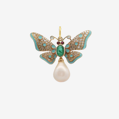 0.30CT Emerald, Ruby & Pearl Butterfly Charm
