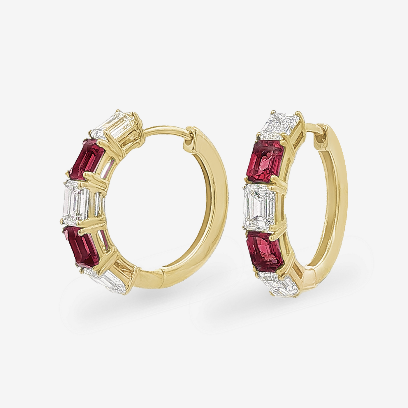 0.75" Lab Grown Emerald Cut Ruby & Diamond Hoop Earrings