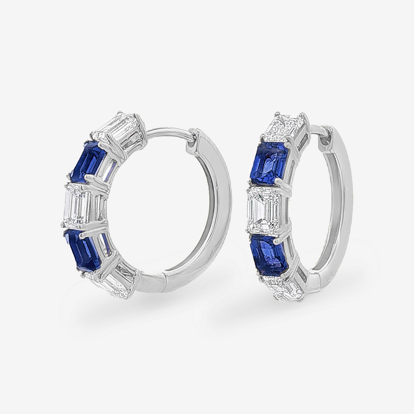 0.75" Lab Grown Emerald Cut Sapphire & Diamond Hoop Earrings