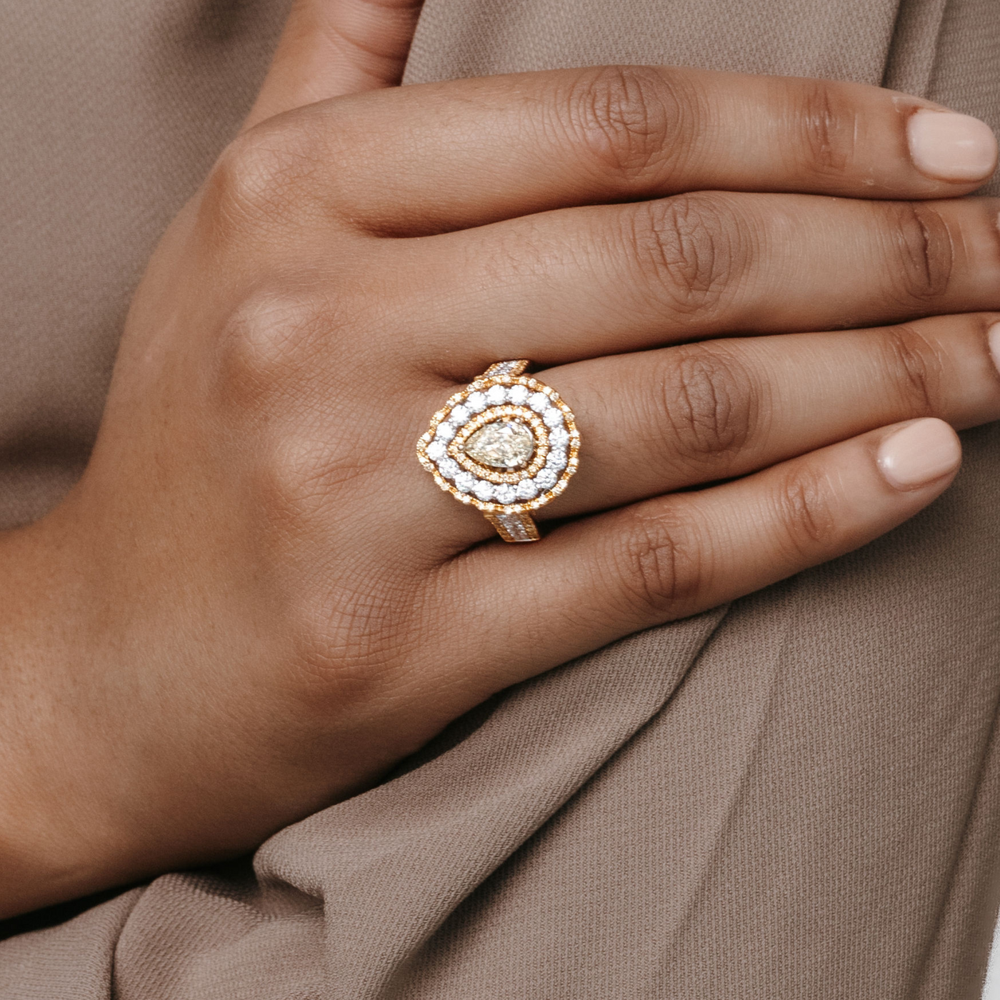 yellow and white diamond halo ring