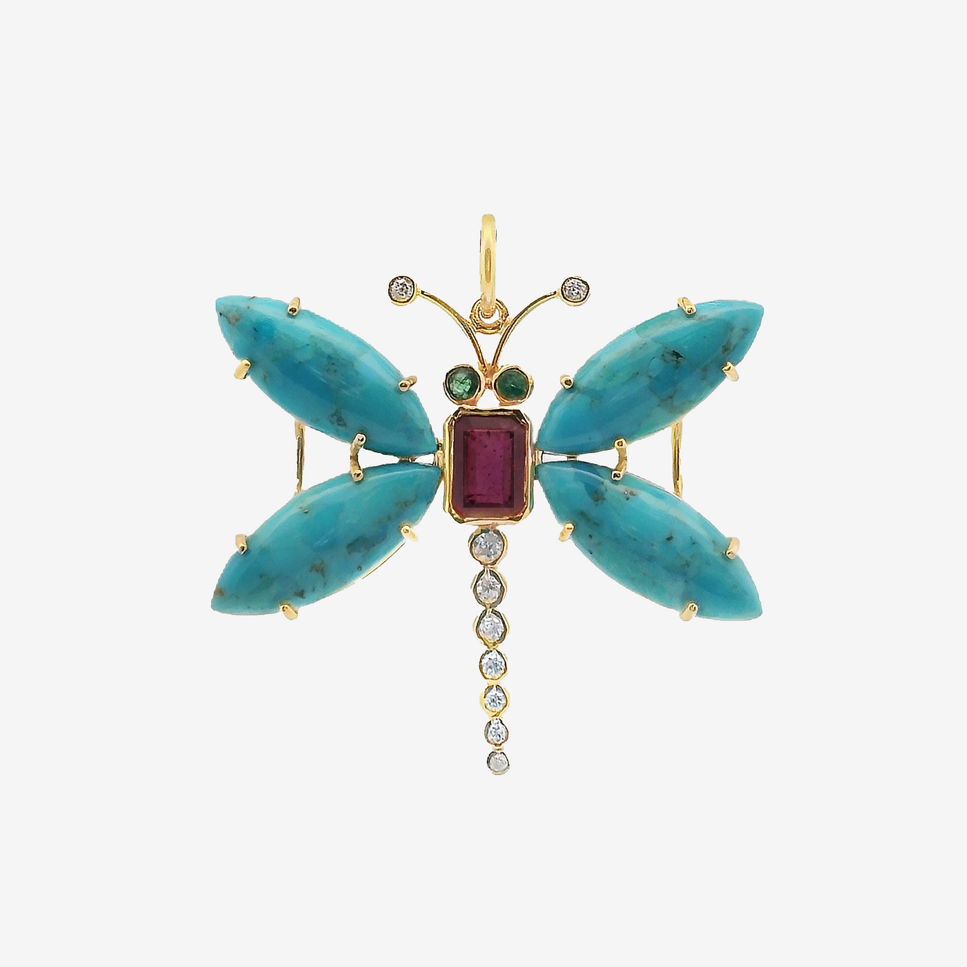 1.25CT Ruby, Emerald, Turquoise & Diamond Dragonfly Charm