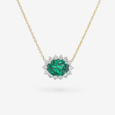 1.35CT Oval Shaped Emerald & Diamond Halo Necklace
