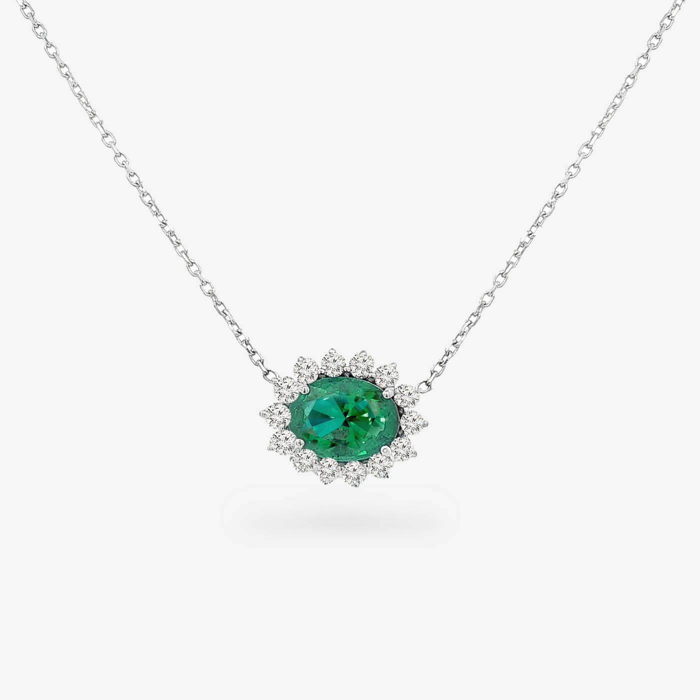 1.35CT Oval Shaped Emerald & Diamond Halo Necklace