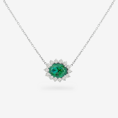 1.35CT Oval Shaped Emerald & Diamond Halo Necklace