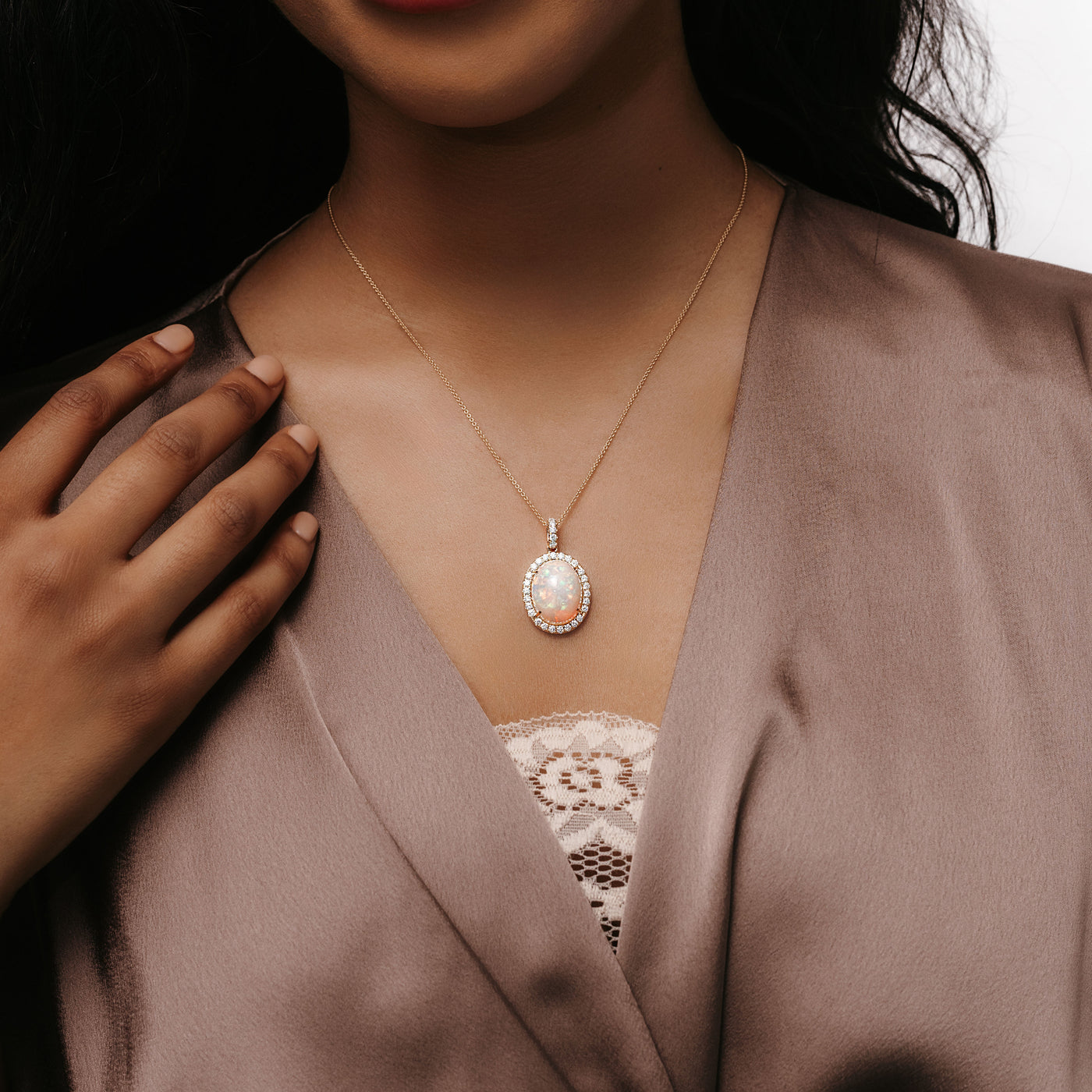 natural opal diamond halo necklace