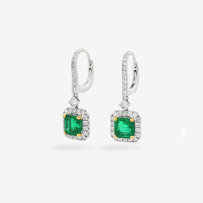 2.19CT Emerald Cut Emerald & Diamond Dangle Earrings