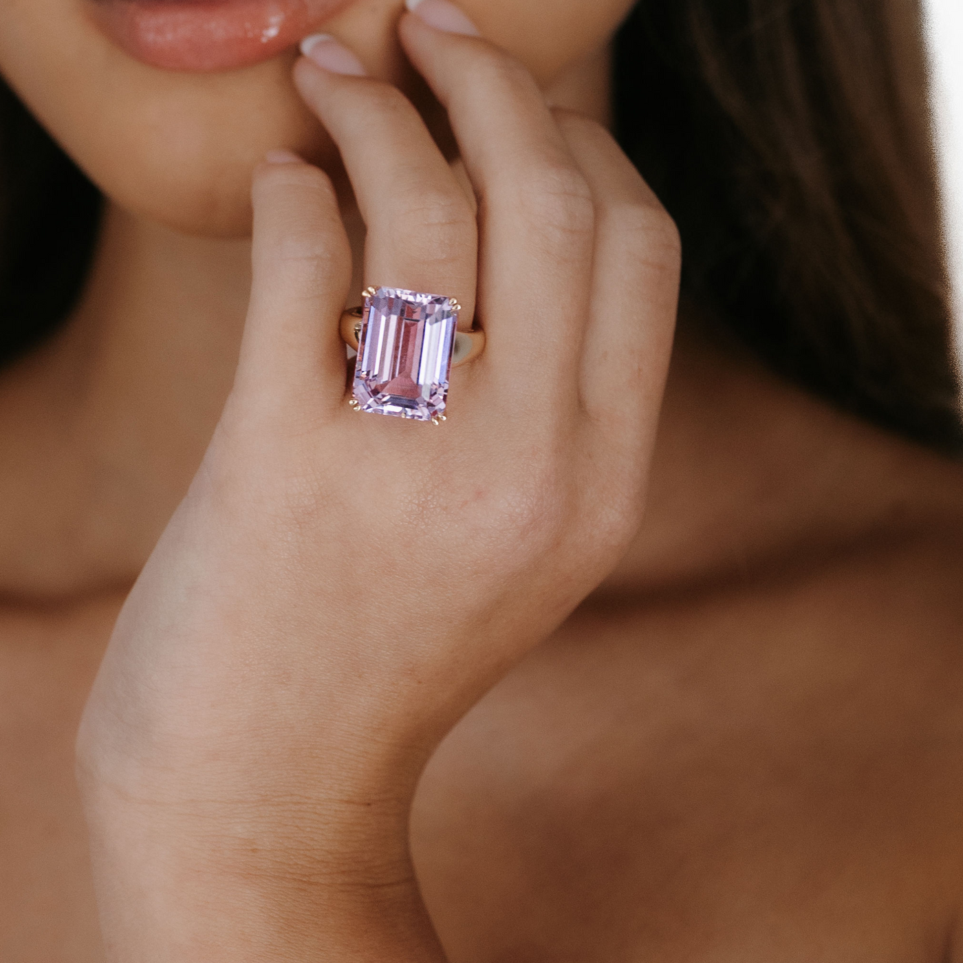 emerald cut kunzite ring