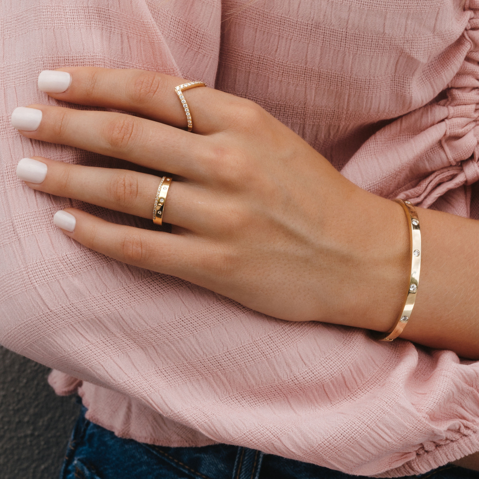 burnished and round diamond stacked ring