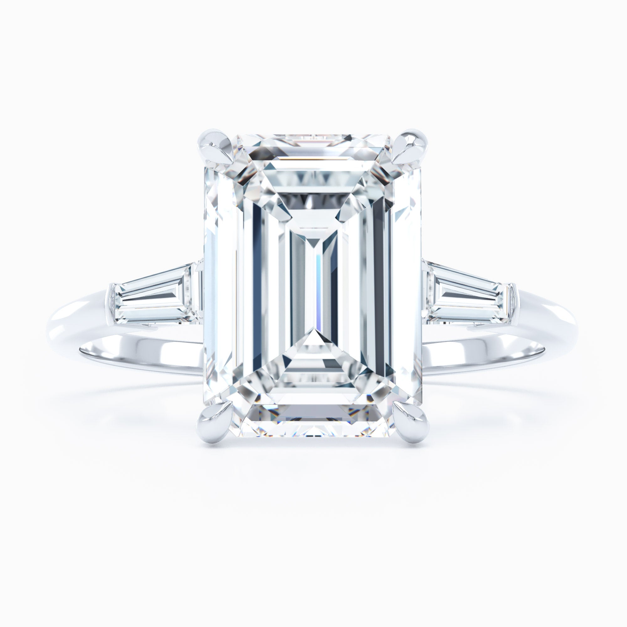 white gold three stone emerald cut diamond engagement ring