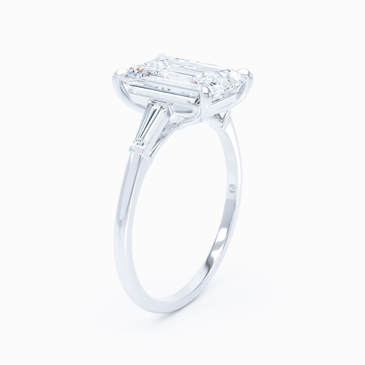 white gold emerald cut three stone diamond engagement ring