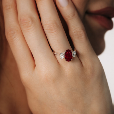 3.00CT Oval Ruby & Diamond 3 Stone Ring