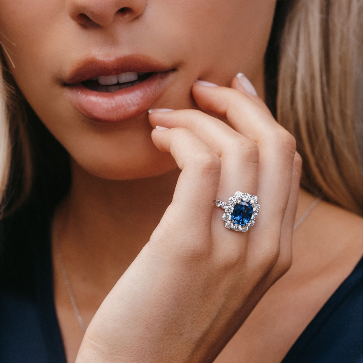 sapphire and diamond halo cocktail ring