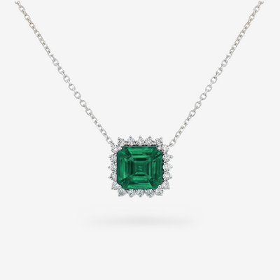 3.20CT Assher Cut Emerald & Diamond Halo Necklace