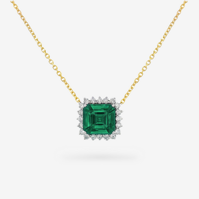 3.20CT Assher Cut Emerald & Diamond Halo Necklace