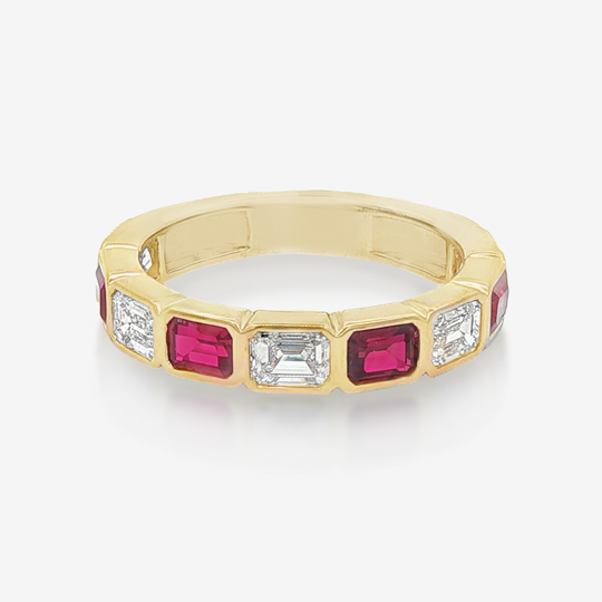 3/4 Emerald Cut Ruby and Diamond Bezel Ring