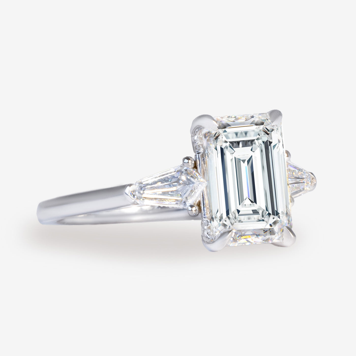 Unique 3 Stone - Kite Sides - Emerald Cut Engagement Ring