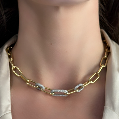diamond and gold paperclip link necklace