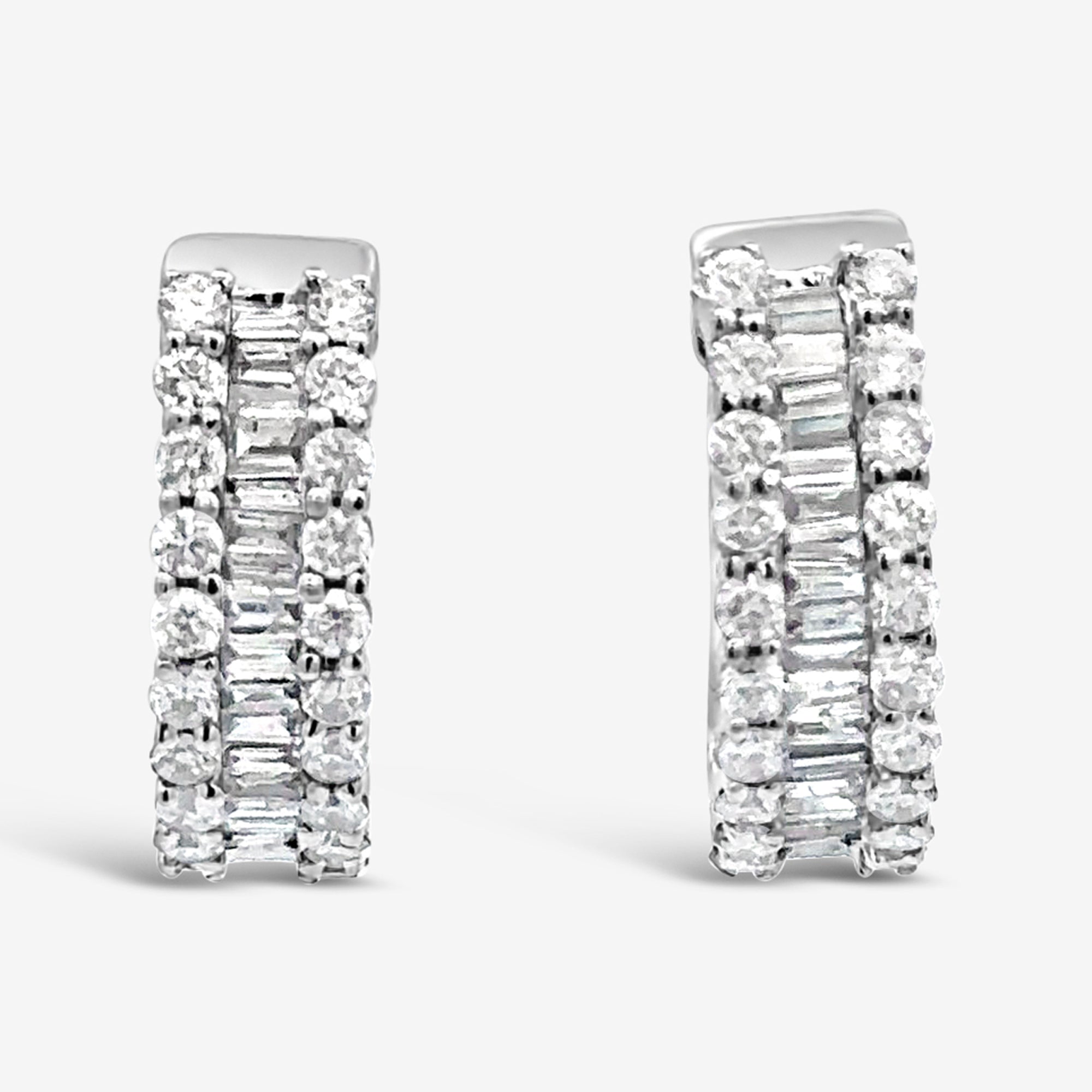 three row diamond huggie earrings
