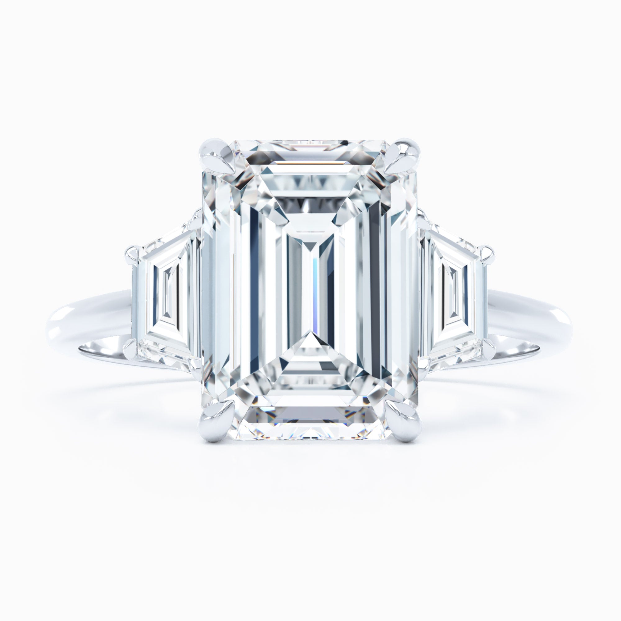 white gold three stone emerald cut diamond engagement ring