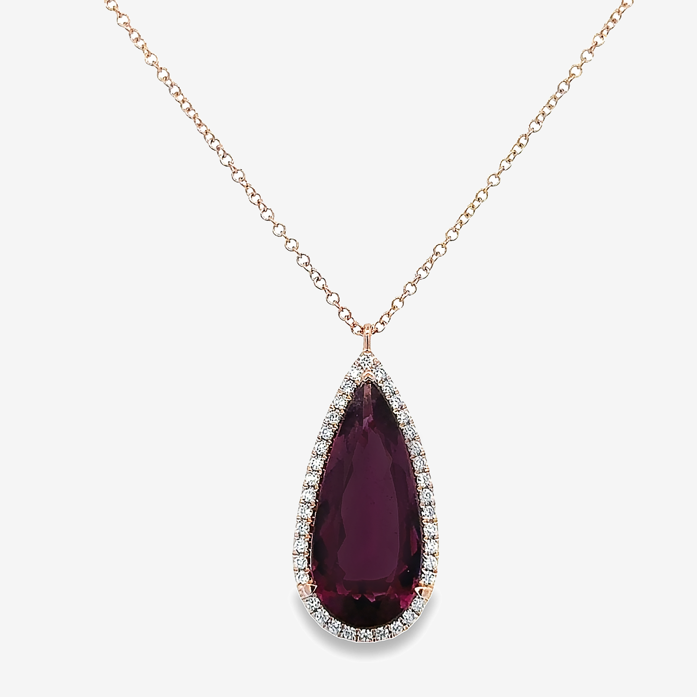 rubellite tourmaline and diamond halo necklace