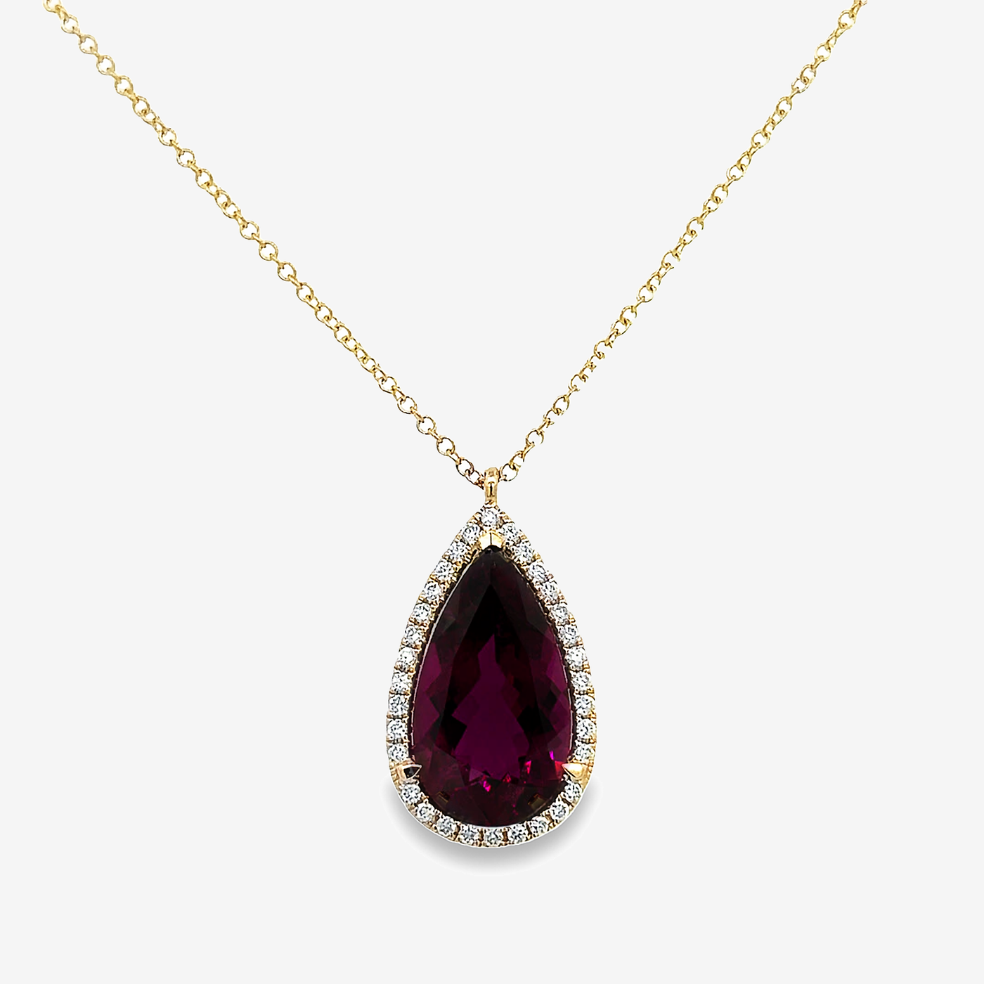 rubellite tourmaline and diamond halo necklace