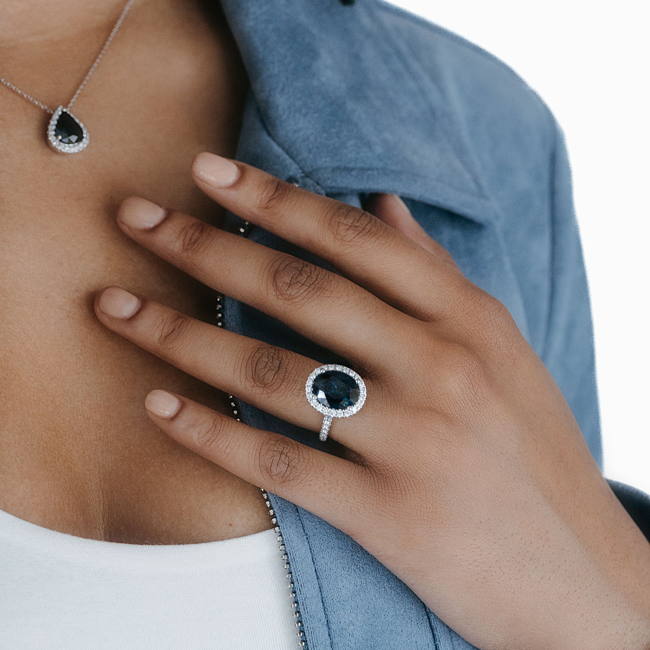 sapphire and diamond halo statement ring