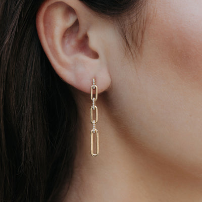 diamond and gold paperclip dangle earrings