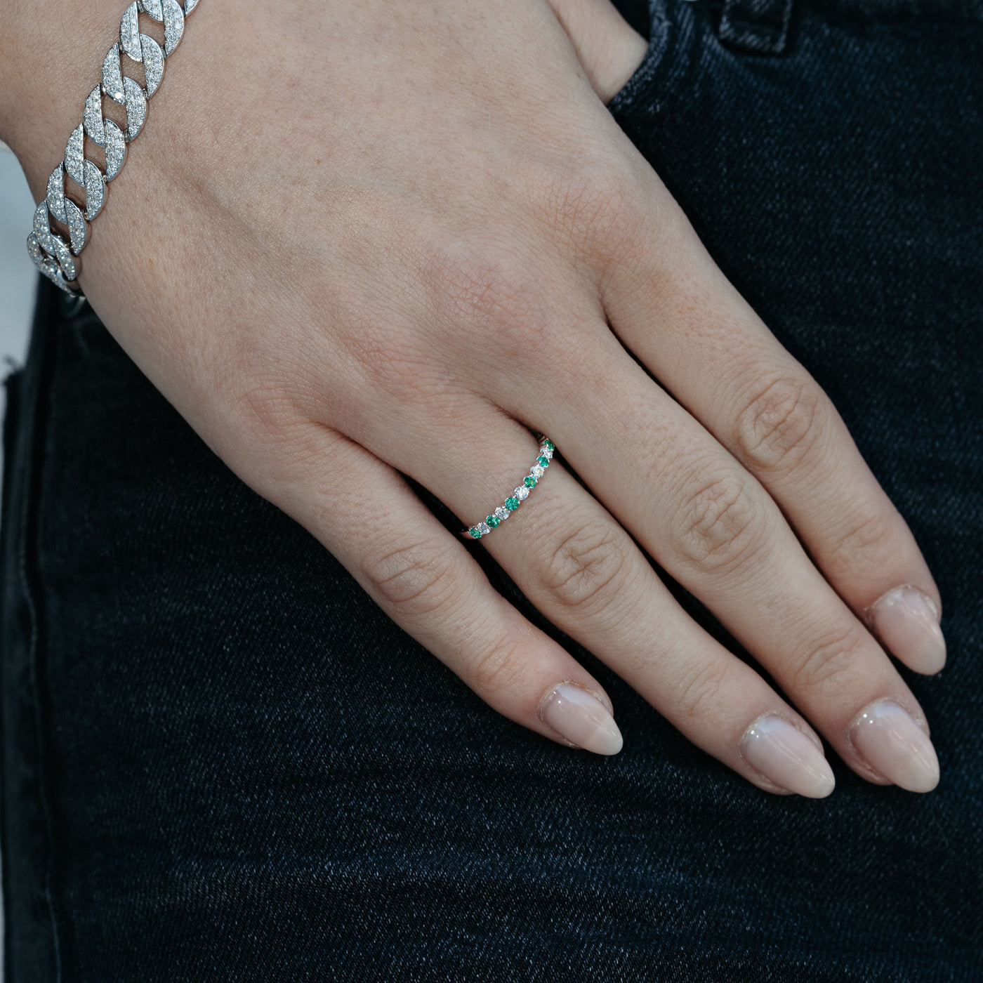 Alternating Emerald & Diamond Ring