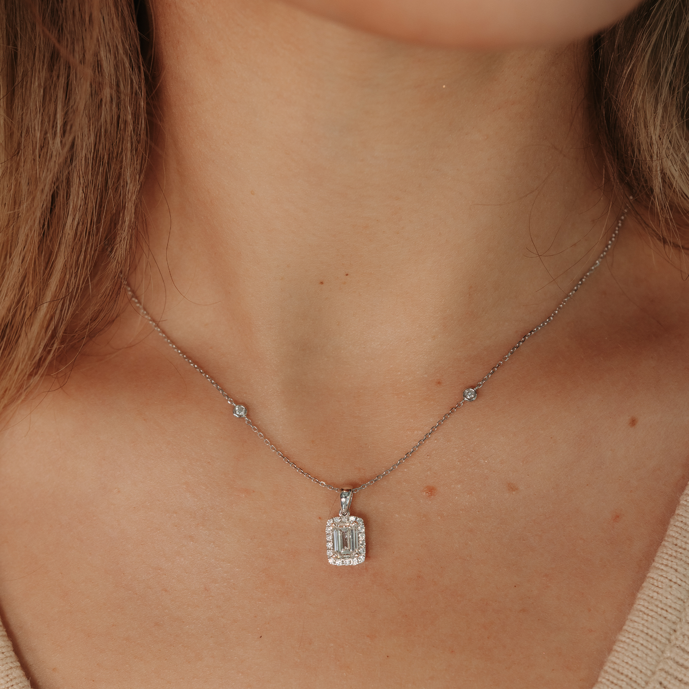 Lab Grown Emerald Cut Diamond Halo Pendant