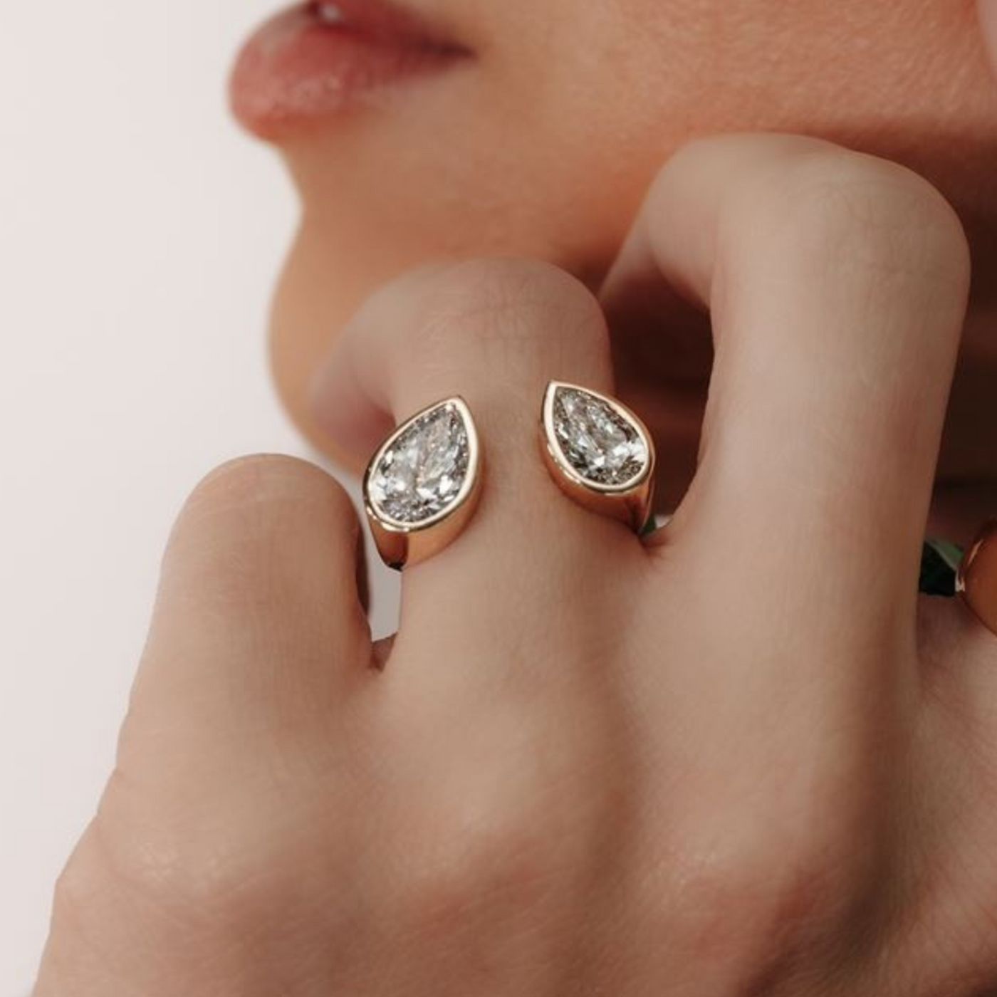 Lab Grown Two Stone Pear Cut Diamond Bezel Cuff Ring