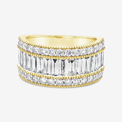 baguette and round diamond ring with milgrain detail