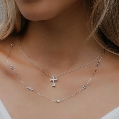 Baguette & Round Diamond Cross Necklace