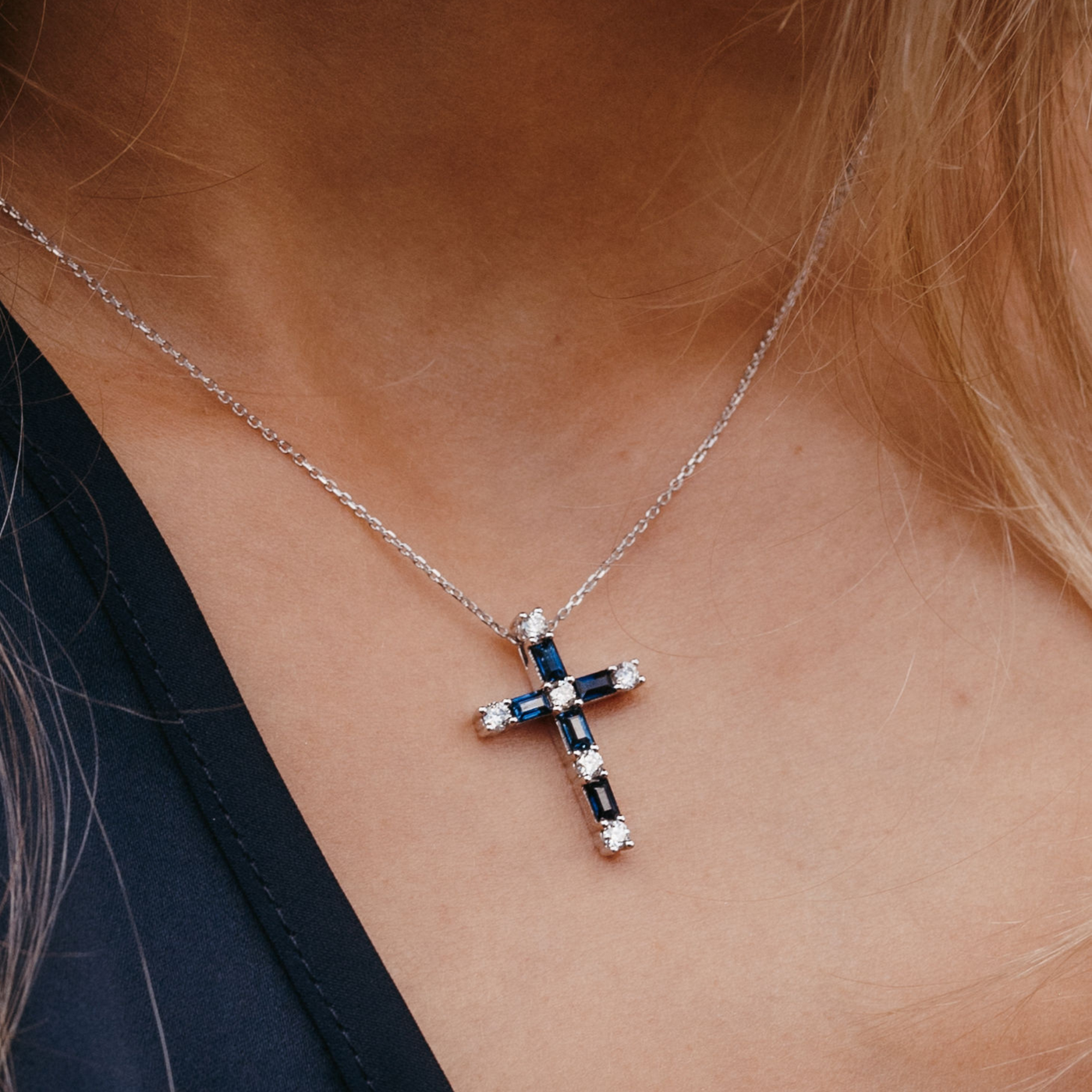 Baguette Sapphire & Diamond Cross Pendant
