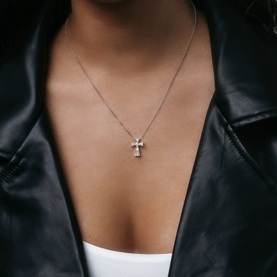 Baguette and Round Diamond Medium Cross Necklace