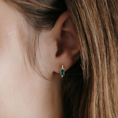 Bezel Set Emerald & Diamond Huggie Earrings