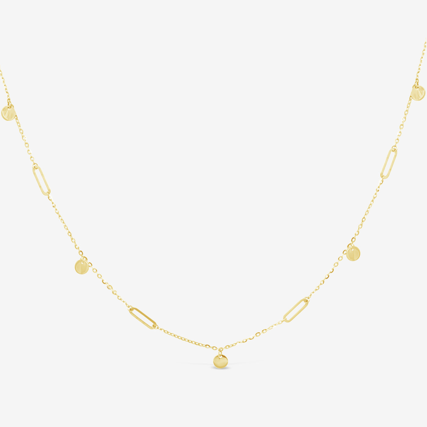 gold paperclip and dangling discs necklace