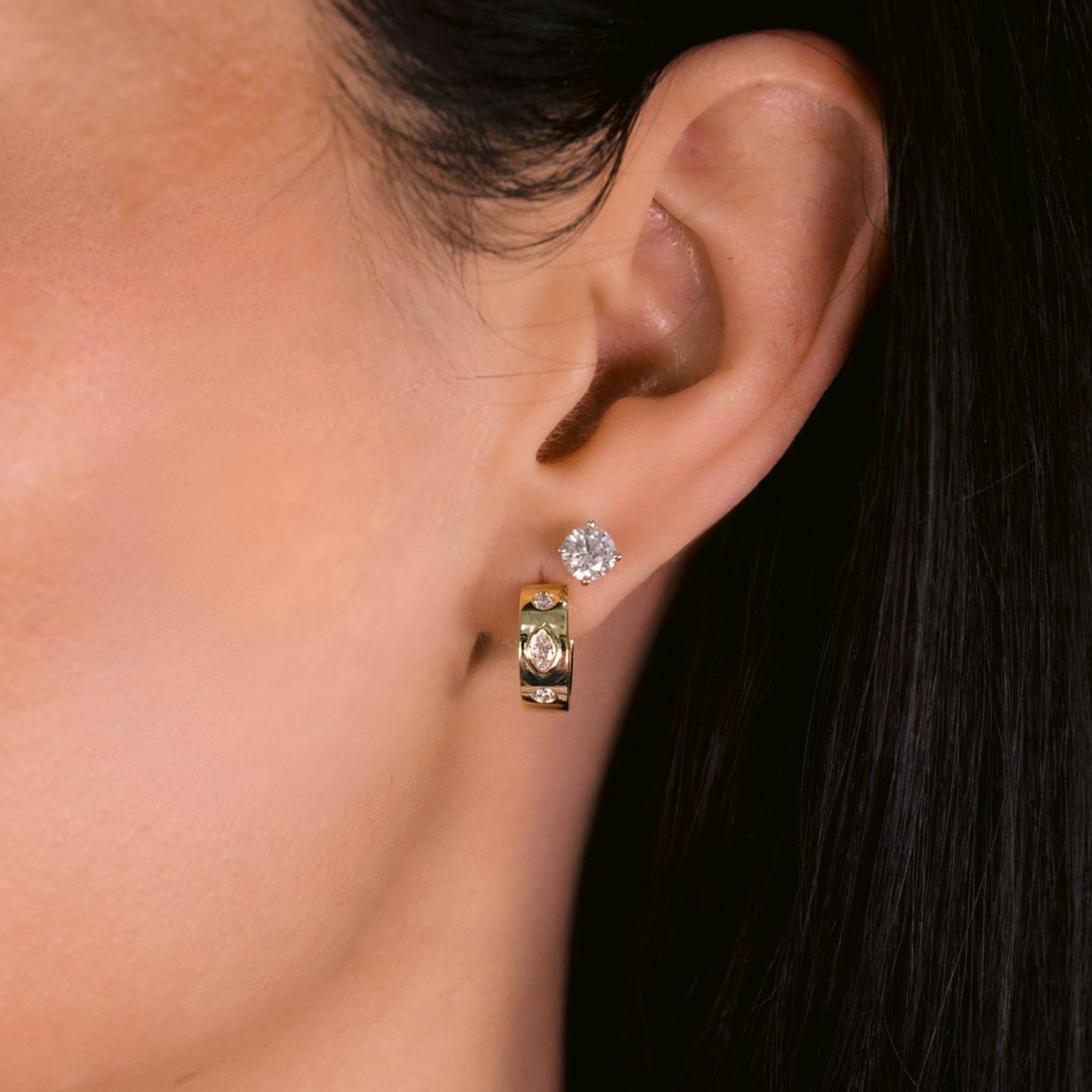 Burnished Marquise & Round Diamond Huggie Earrings