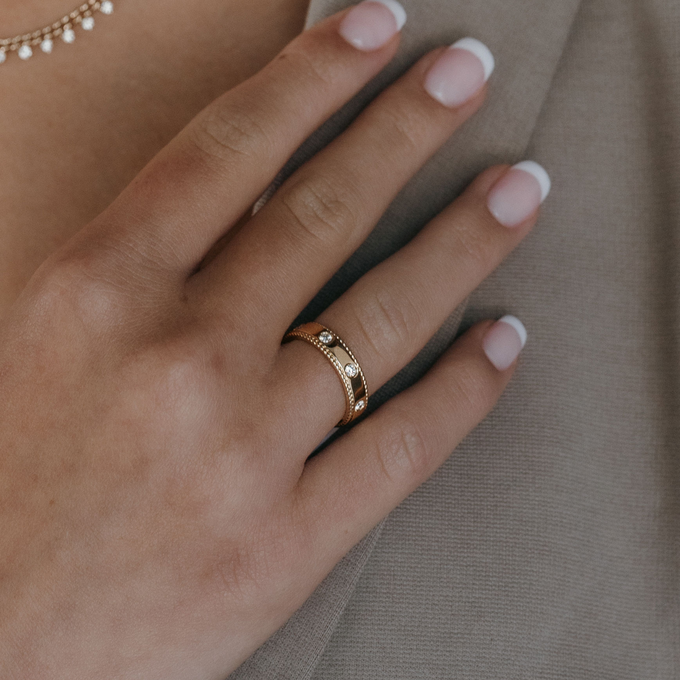 burnished diamond and gold milgrain ring