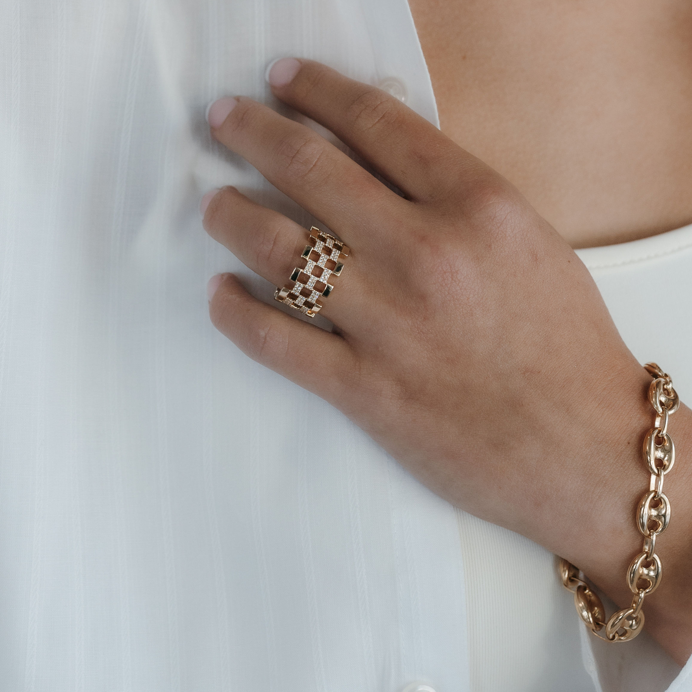 diamond and gold checkerboard ring