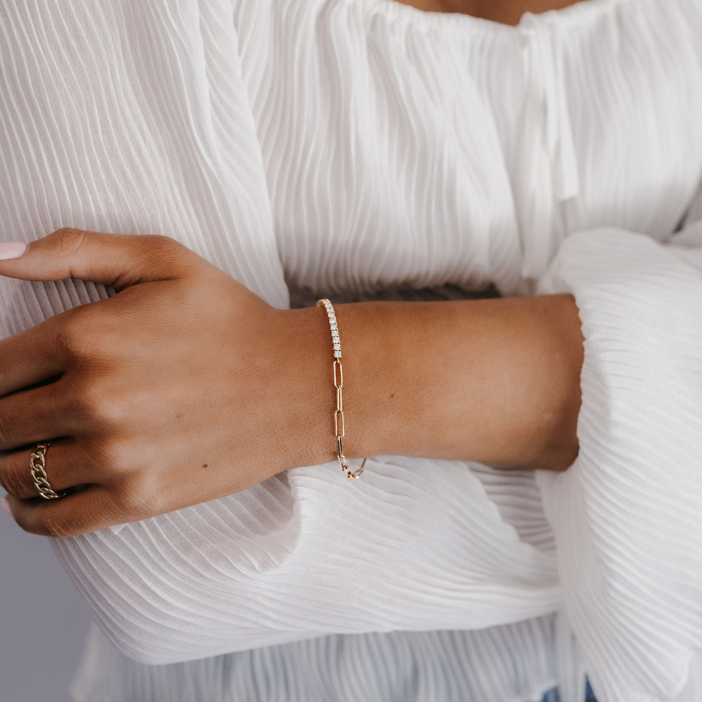 Diamond and gold paperclip tennis bracelet