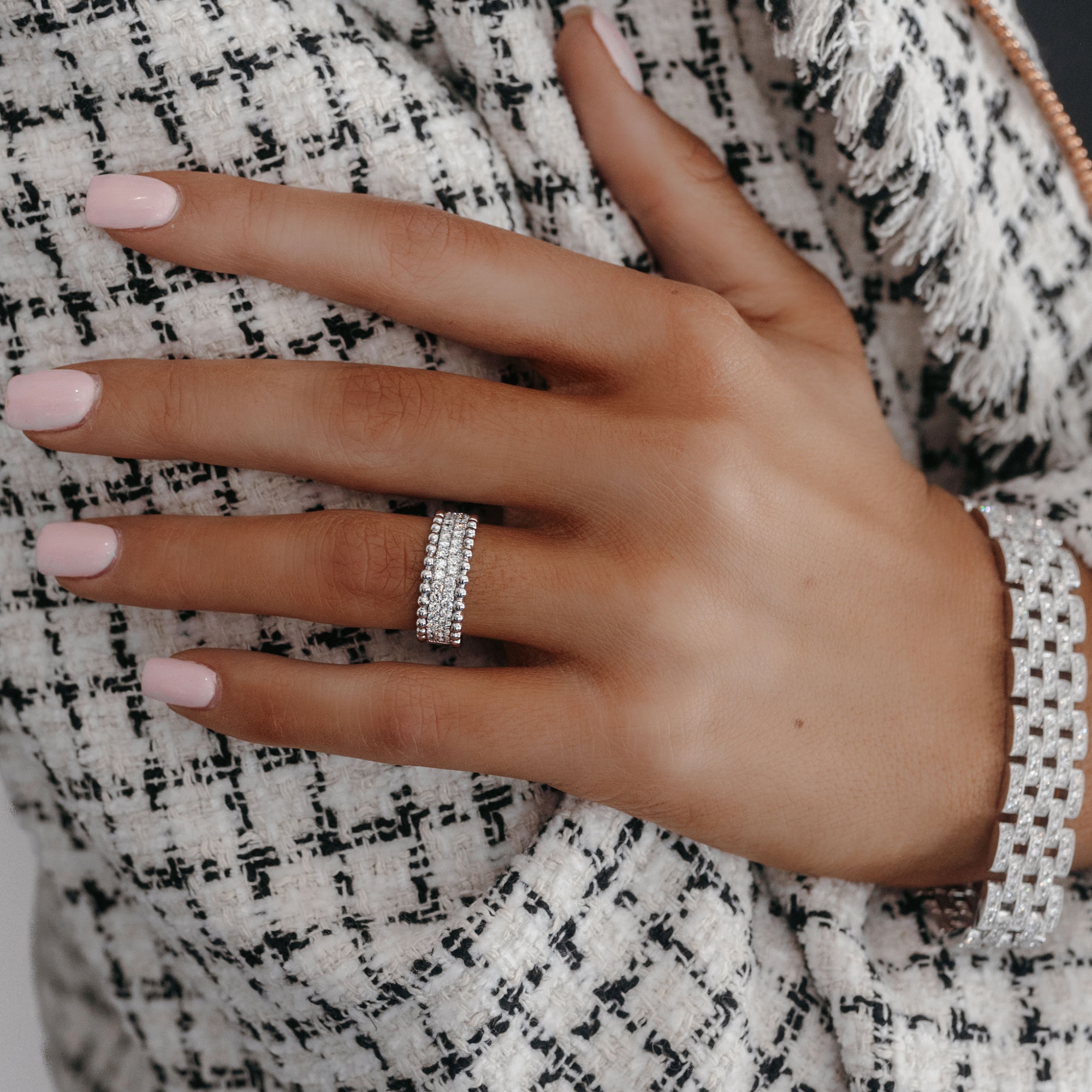 diamond and white gold bead ring